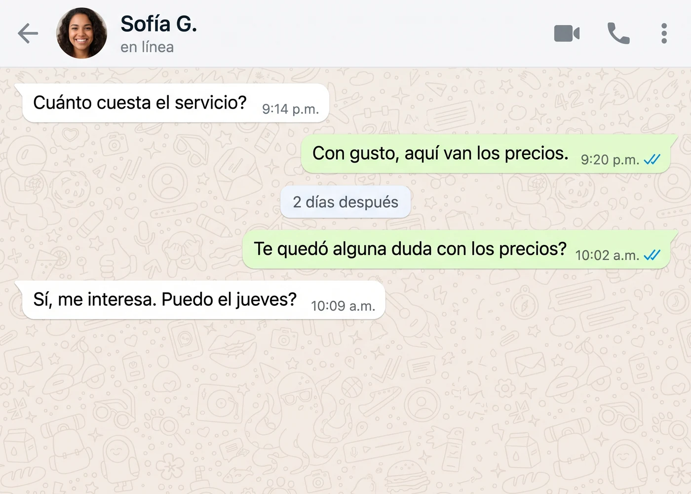 Conversación donde el negocio pasó los precios, dio seguimiento dos días después y el cliente respondió que quiere agendar.